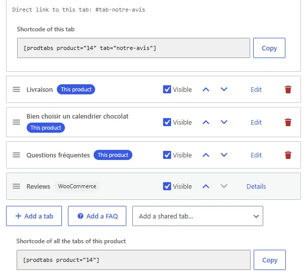 The Tabs panel of a WooCommerce product: under the expanded Notre avis tab, the direct link #tab-notre-avis and the field Shortcode of this tab, [prodtabs product="14" tab="notre-avis"], with a Copy button; below, the other tabs, then the field Shortcode of all the tabs of this product, [prodtabs product="14"], with its Copy button.