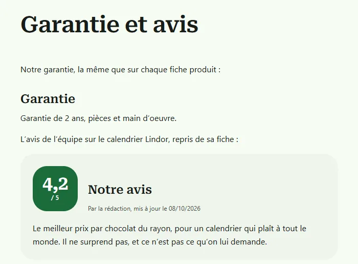 La page Garantie et avis vue par un visiteur : une phrase d'introduction, l'onglet partagé Garantie avec son titre et son texte, Garantie de 2 ans, pièces et main d'oeuvre, puis l'onglet Notre avis du calendrier Lindor, sans titre ajouté, avec sa note de 4,2 sur 5.